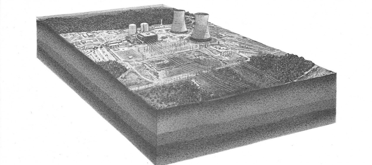 Pete Watts, untitled (Belle Fonte Nuclear Power Plant), graphite on paper over panel, 9x12x1”, 2010
