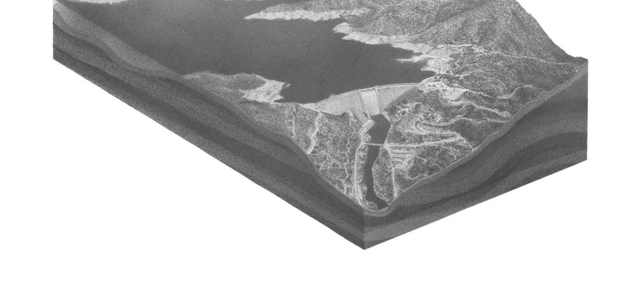 Pete Watts, untitled (Shasta Dam 2), graphite on paper over panel, 16x20x1”, 2010